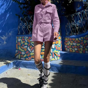 Elegant Turn-down Collar Long Sleeve Shirt With High Waist Shorts 2 Pieces Set