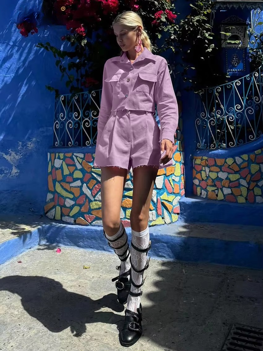 Elegant Turn-down Collar Long Sleeve Shirt With High Waist Shorts 2 Pieces Set