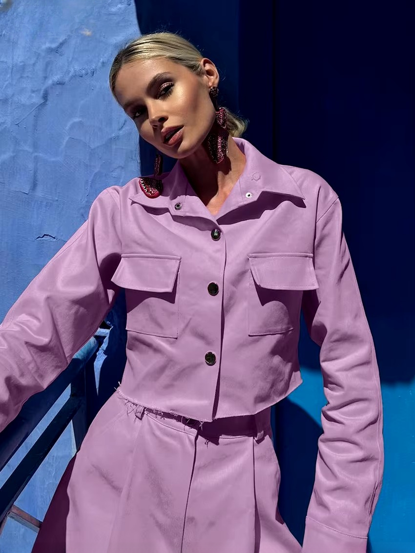 Elegant Turn-down Collar Long Sleeve Shirt With High Waist Shorts 2 Pieces Set - Image 3