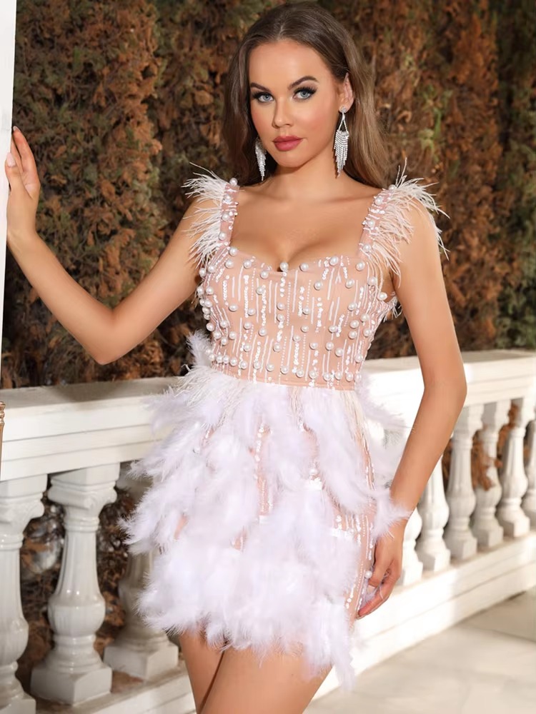 Elegant Square Neck Pearl Beading Feather Evening Club Party Mini Bodycon Dress - Image 7