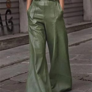 Faux Pu High Waisted Loose Pleated Pockets Streetwear Wide Leg Trousers