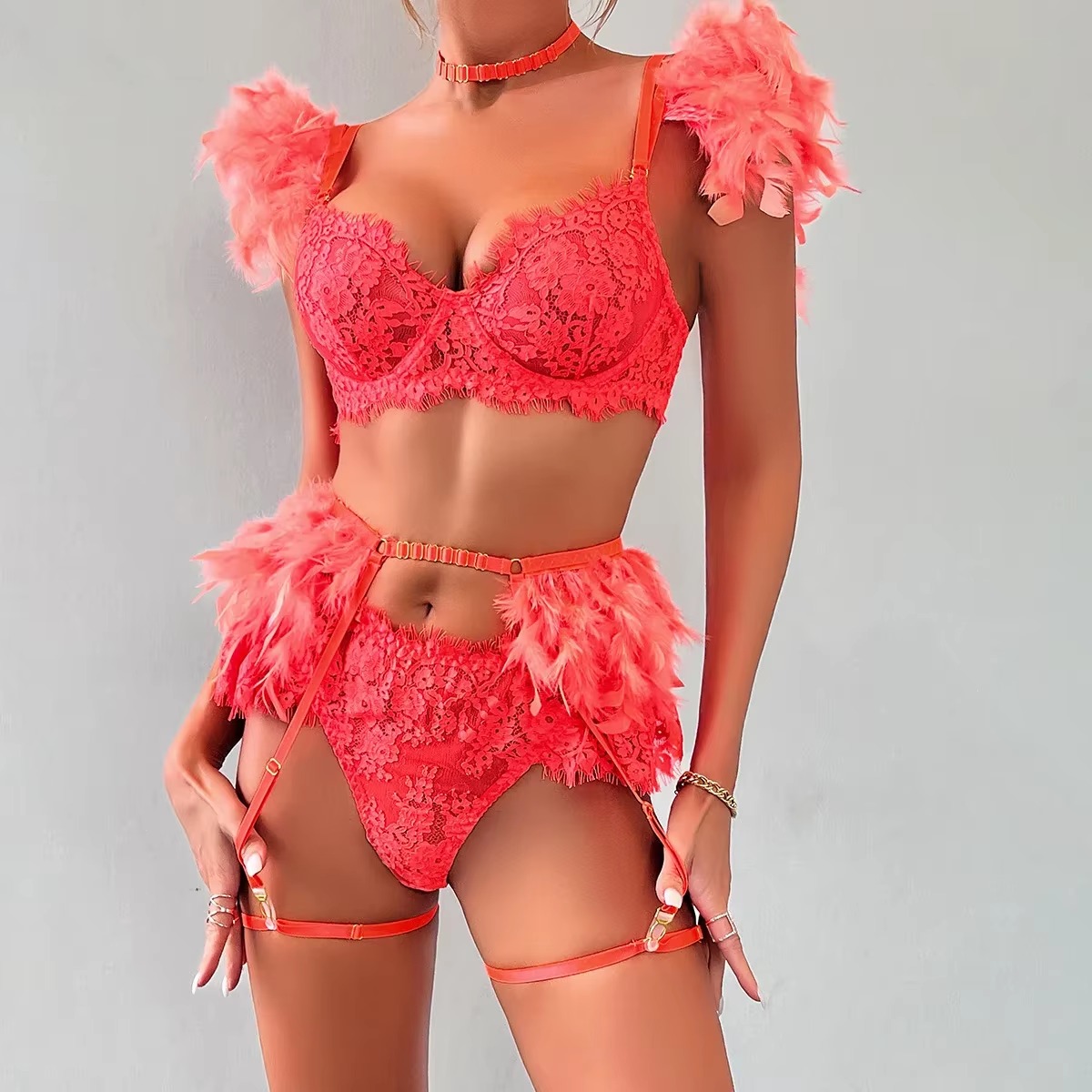 Feathers Solid Adjusted-straps Back Closure Underwear Lingerie Super Bra Set
