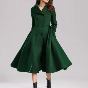 Flared A-Line Lapel Double Solid Wiast Long Sleeves Elegant And Vintage Coat