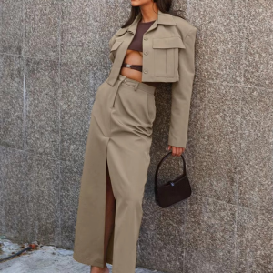 Formal Crop Top With High Waist Slit Long Skirt 2 Piece Set