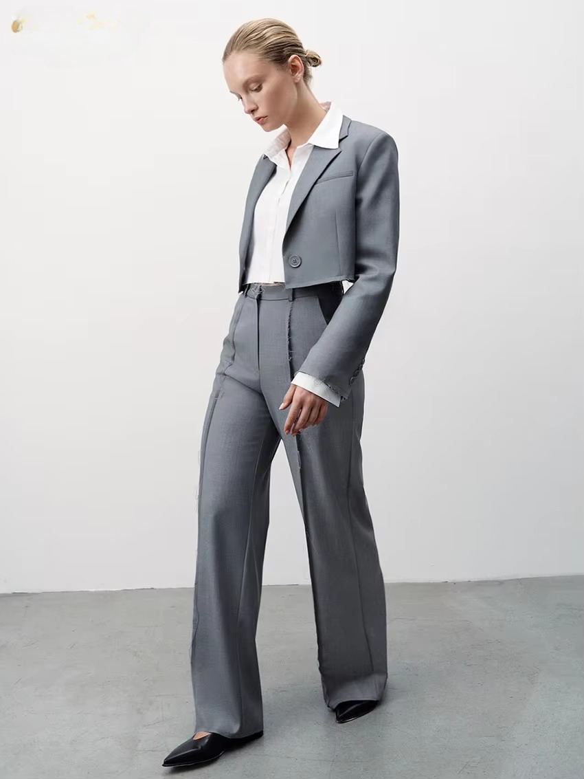 Formal Crop Top With High Waist Wide Pants Loose Two Pieces Set - Image 2