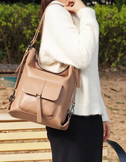 Genuine Leather Large Capacity Handbag Multifunction Satchel Messenger Bag Backpack - Image 8