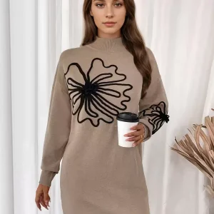 High Collar Floral Print Long Sleeves High Waist Elegant Knitted Dresses