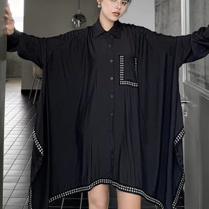 Casual Irregular Hem Rivet Pocket Lapel Long Sleeve Big Size Shirt Dress