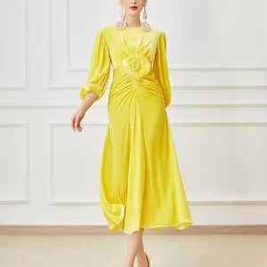 Jewel Neck 3/4 Length Sleeves Flowers Tea-Length For Wedding Party Mother Of The Bride Dress