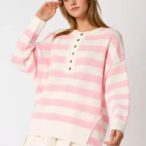Jewel Neck Long Sleeves Buttons Stripes Pullover Elegant Sweater