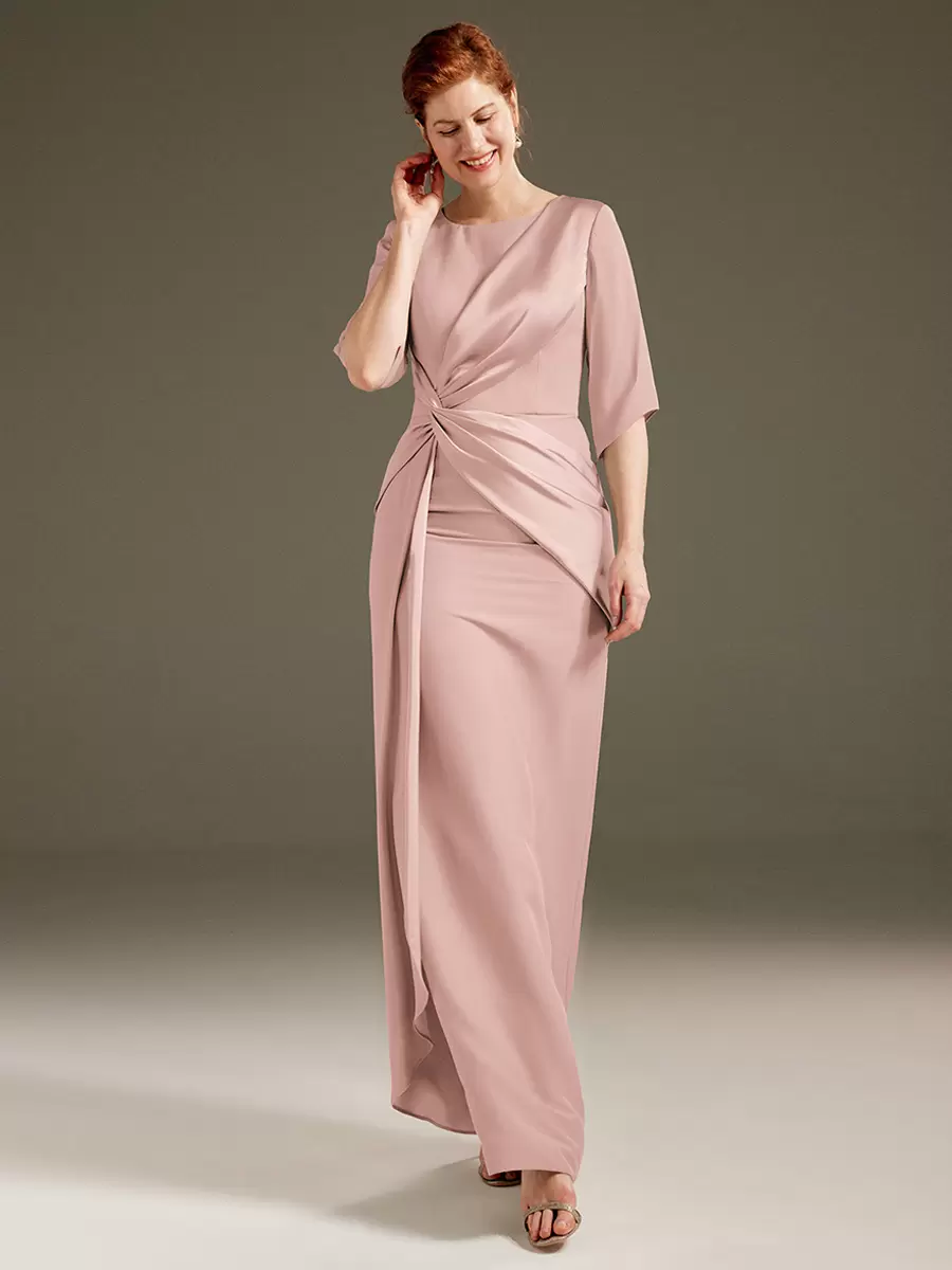 Jewel Neck Short Sleeves Sheath Pleated Wedding Guest Mother Dresses - Image 6