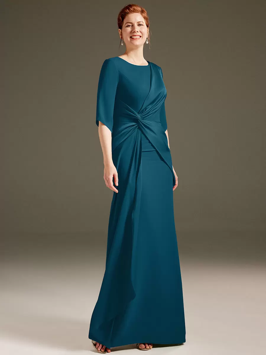 Jewel Neck Short Sleeves Sheath Pleated Wedding Guest Mother Dresses - Image 8