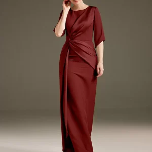 Jewel Neck Short Sleeves Sheath Pleated Wedding Guest Mother Dresses