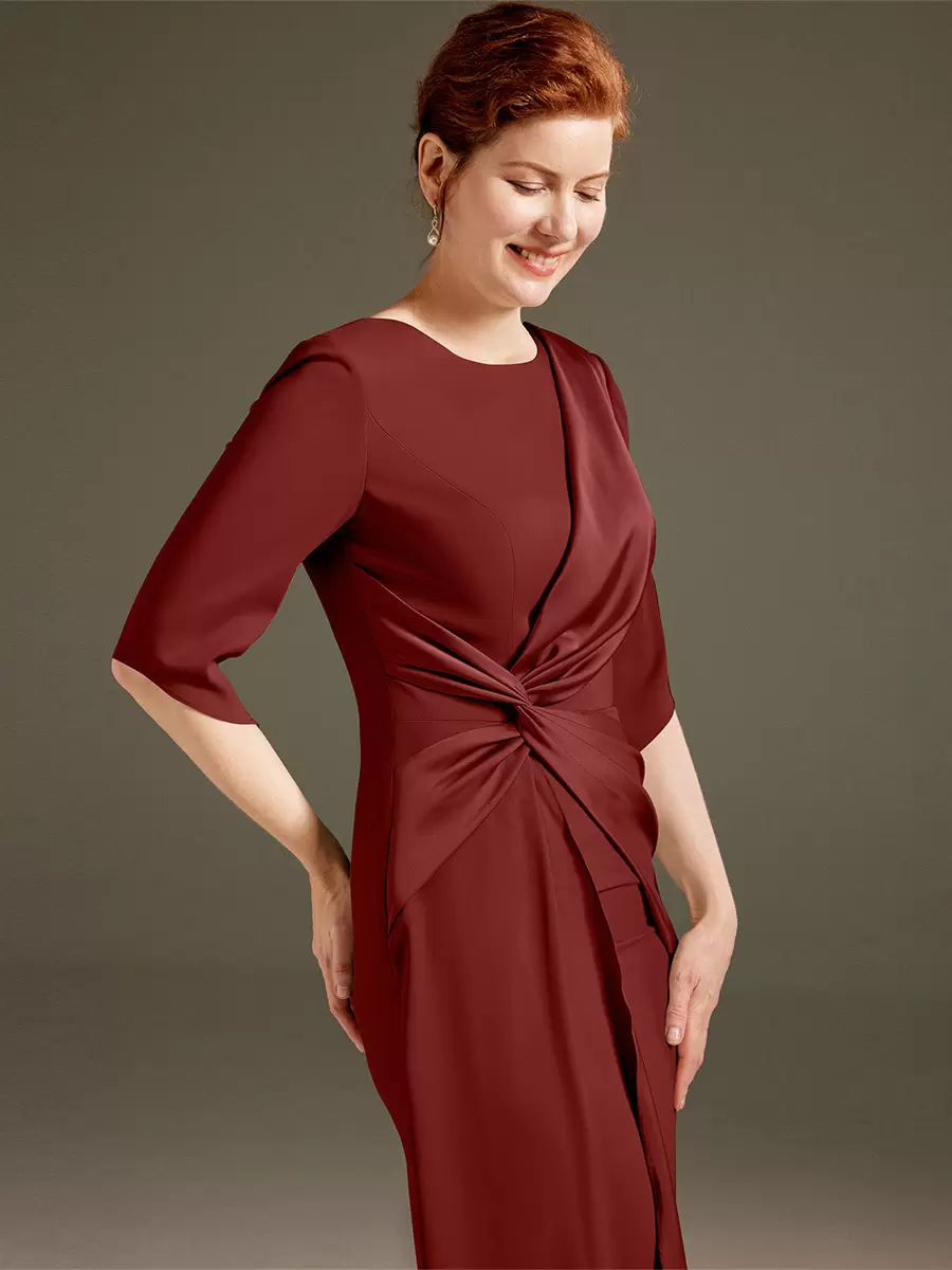 Jewel Neck Short Sleeves Sheath Pleated Wedding Guest Mother Dresses - Image 2