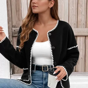 Jewel Neck Two-Tone Buttons Long Sleeves Elegant And Vintage Jacket