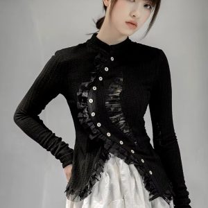 Lace Stand Collar Long Sleeve Irregular Knitting Cardigan Sweater