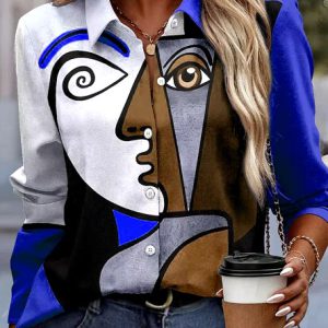 Lapel Basic Long Sleeve Abstract Face Printed Blouse Shirt