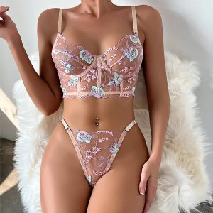 Lingerie Lace Floral Embroidery See Through Bra Panty Underwear Sets