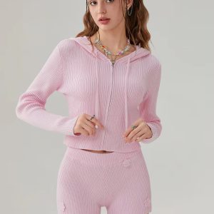 Elegant Solid Long Sleeve Hooded Zipped Sweater with Flower Shorts