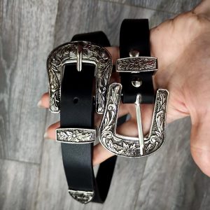 Luxury Retro Carved Design Metal Leather Double Buckle Waist Belt 22.