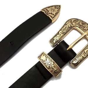 Luxury Retro Carved Design Metal Leather Double Buckle Waist Belt 5.