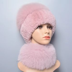 Luxury Rex Rabbit Knitted Real Fox Fur 2 Pieces Hat