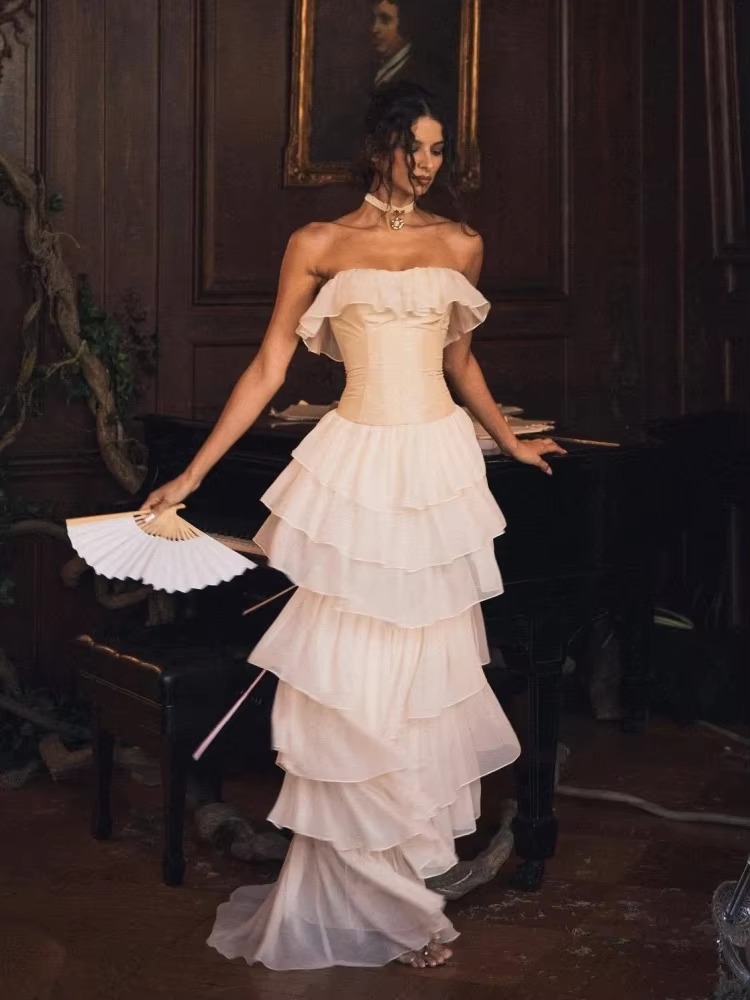 Mesh Ruffles Strapless Lace-up Bra Party Evening Runway 2-Piece Long Dress - Image 7