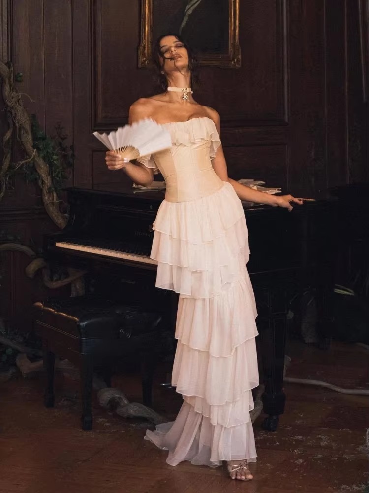 Mesh Ruffles Strapless Lace-up Bra Party Evening Runway 2-Piece Long Dress - Image 8