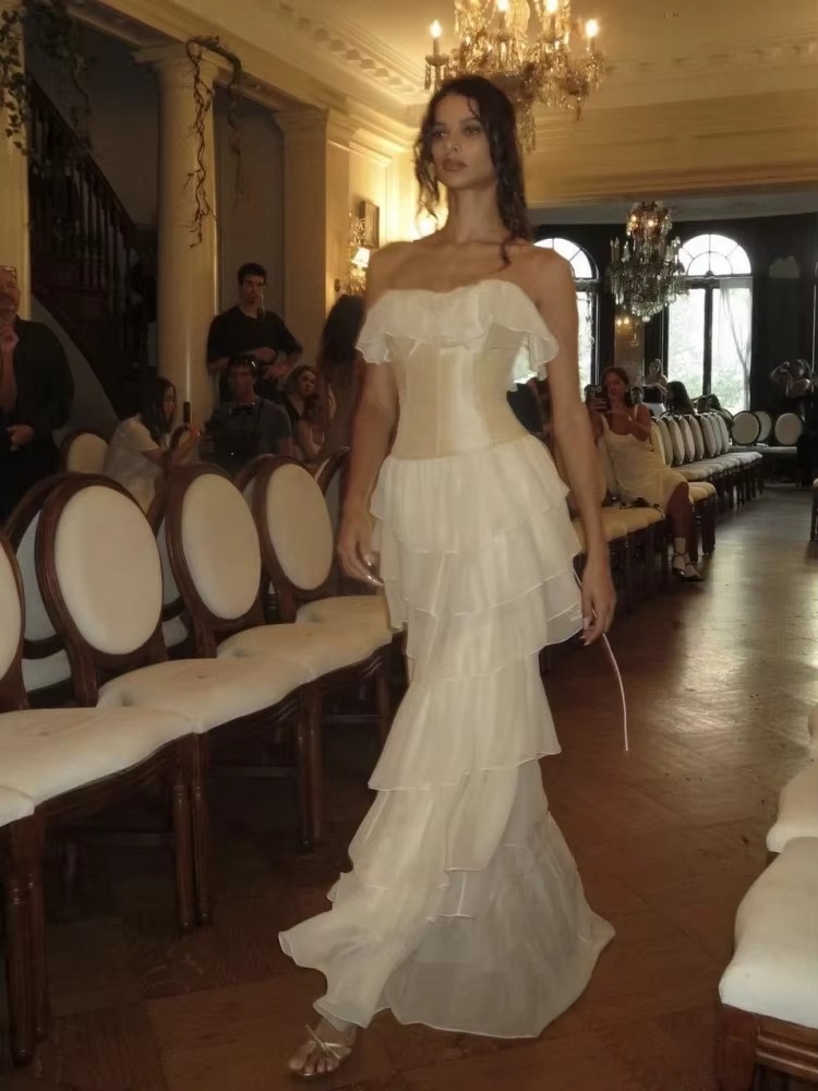 Mesh Ruffles Strapless Lace-up Bra Party Evening Runway 2-Piece Long Dress - Image 4