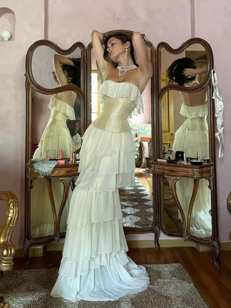 Mesh Ruffles Strapless Lace-up Bra Party Evening Runway 2-Piece Long Dress - Image 5