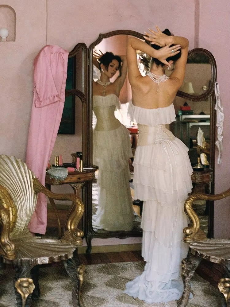 Mesh Ruffles Strapless Lace-up Bra Party Evening Runway 2-Piece Long Dress - Image 6