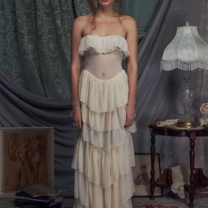 Mesh Ruffles Strapless Lace-up Bra Party Evening Runway 2-Piece Long Dress