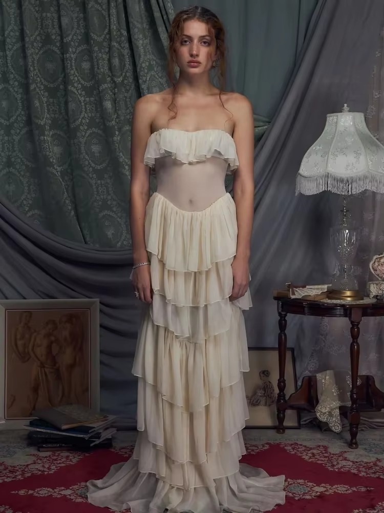 Mesh Ruffles Strapless Lace-up Bra Party Evening Runway 2-Piece Long Dress