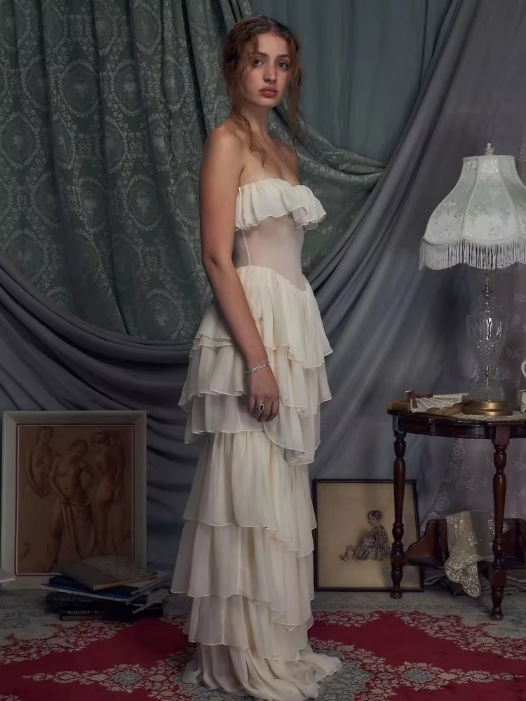 Mesh Ruffles Strapless Lace-up Bra Party Evening Runway 2-Piece Long Dress - Image 2