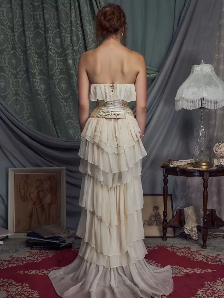 Mesh Ruffles Strapless Lace-up Bra Party Evening Runway 2-Piece Long Dress - Image 3