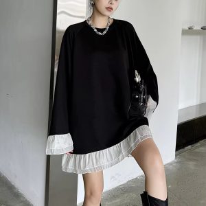 Casual Mesh Spliced Round Neck Long Flare Sleeve Big Size Dress