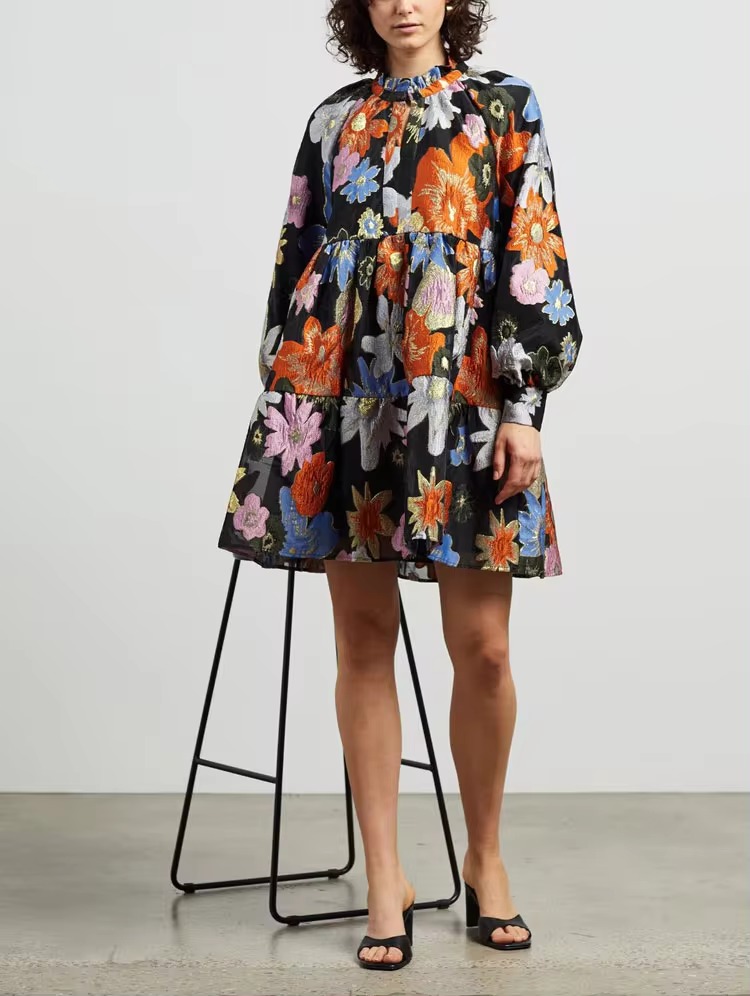 Metallic Embroidery Flocked Lantern Flower Silhouette Mini Dress - Image 3