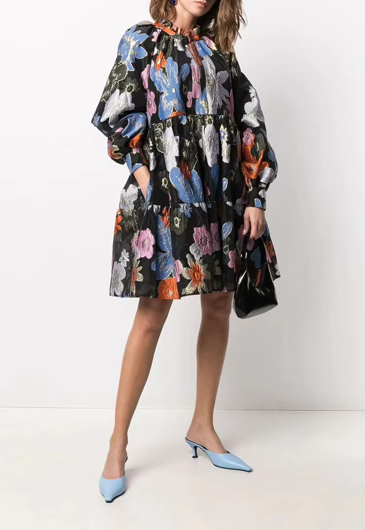 Metallic Embroidery Flocked Lantern Flower Silhouette Mini Dress - Image 5