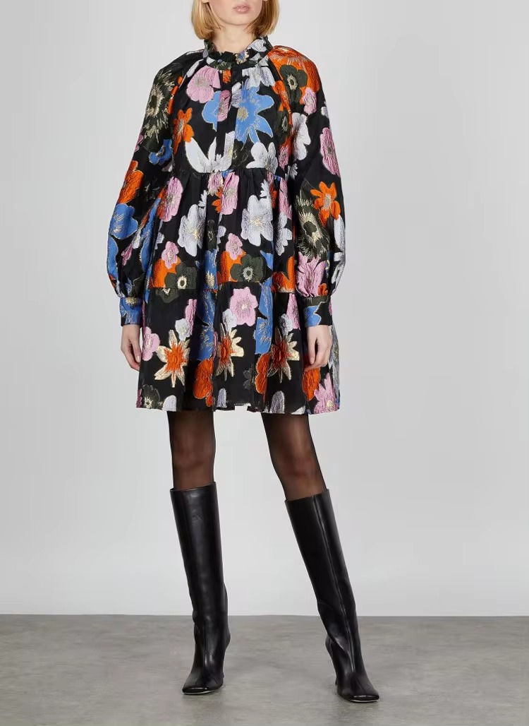 Metallic Embroidery Flocked Lantern Flower Silhouette Mini Dress - Image 4