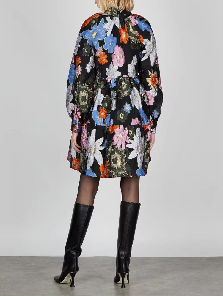 Metallic Embroidery Flocked Lantern Flower Silhouette Mini Dress - Image 7