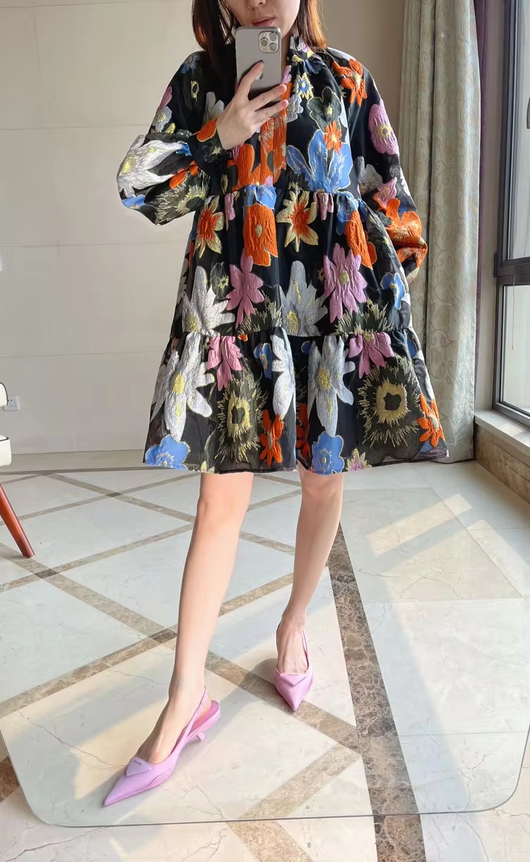 Metallic Embroidery Flocked Lantern Flower Silhouette Mini Dress - Image 6