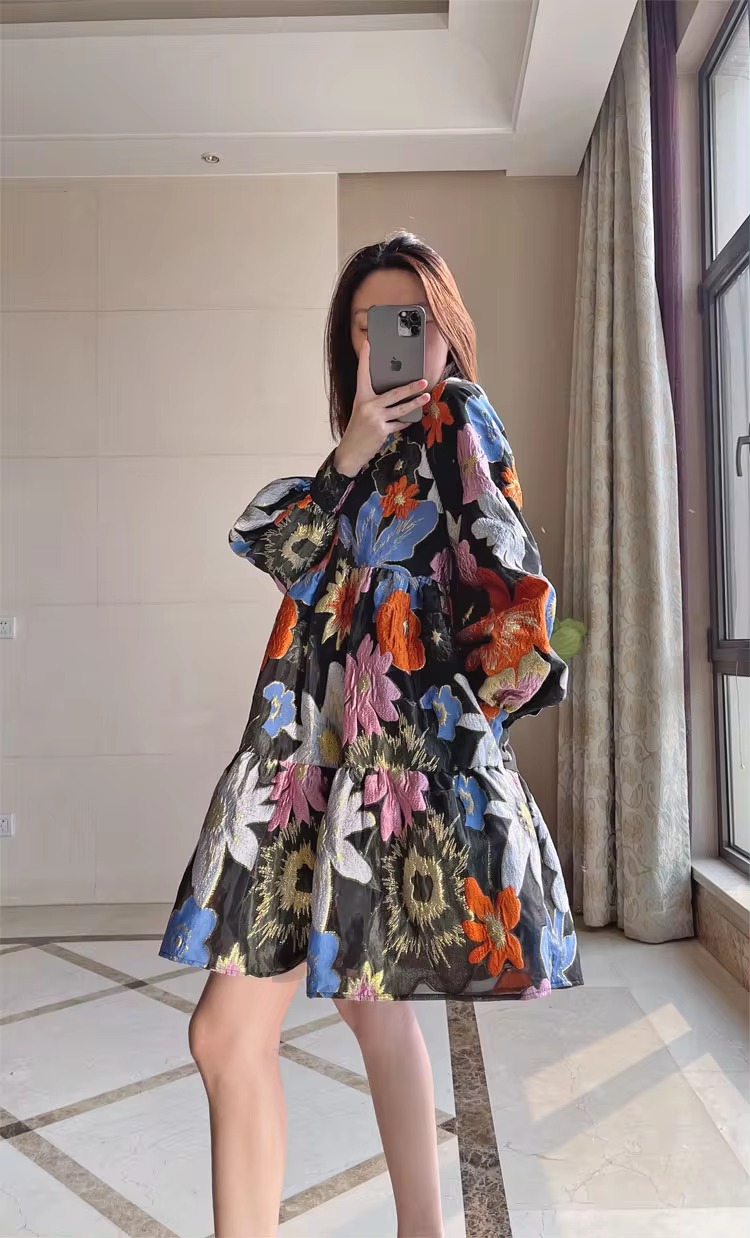 Metallic Embroidery Flocked Lantern Flower Silhouette Mini Dress - Image 2