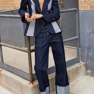 Patchwork Lapel Long Sleeves Split-Joint Deep V-neck One-Buttoned Blazer Jackets