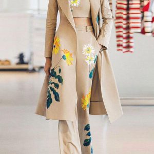 Piping Printed Casual Overcoat Fall Long Sleeves Stretch Outfit Elegant Two Piece Set
