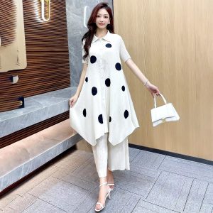 Pleated Polka-Dot Short-Sleeved Top And High-Loose Wide-Leg Pants 2 Piece Set