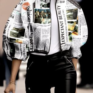 Casual Puff Sleeves Letter Print Going Out Short Outerwear Loose Jackets