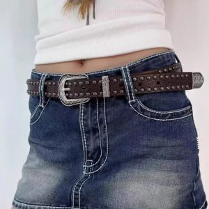 Retro Carved Alloy Needle Buckle Round Rivet PU Leather Punk Style Belt
