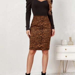 Leopard Print Fashion Streetwear Elastic High Waist Midi Pencil Bodycon Skirts