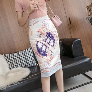 Fashion Vintage Print Stretch Knee Length Pencil Skirt
