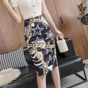 Casual Stars Print Stretch Knee Length Midi Vintage Pencil Skirt